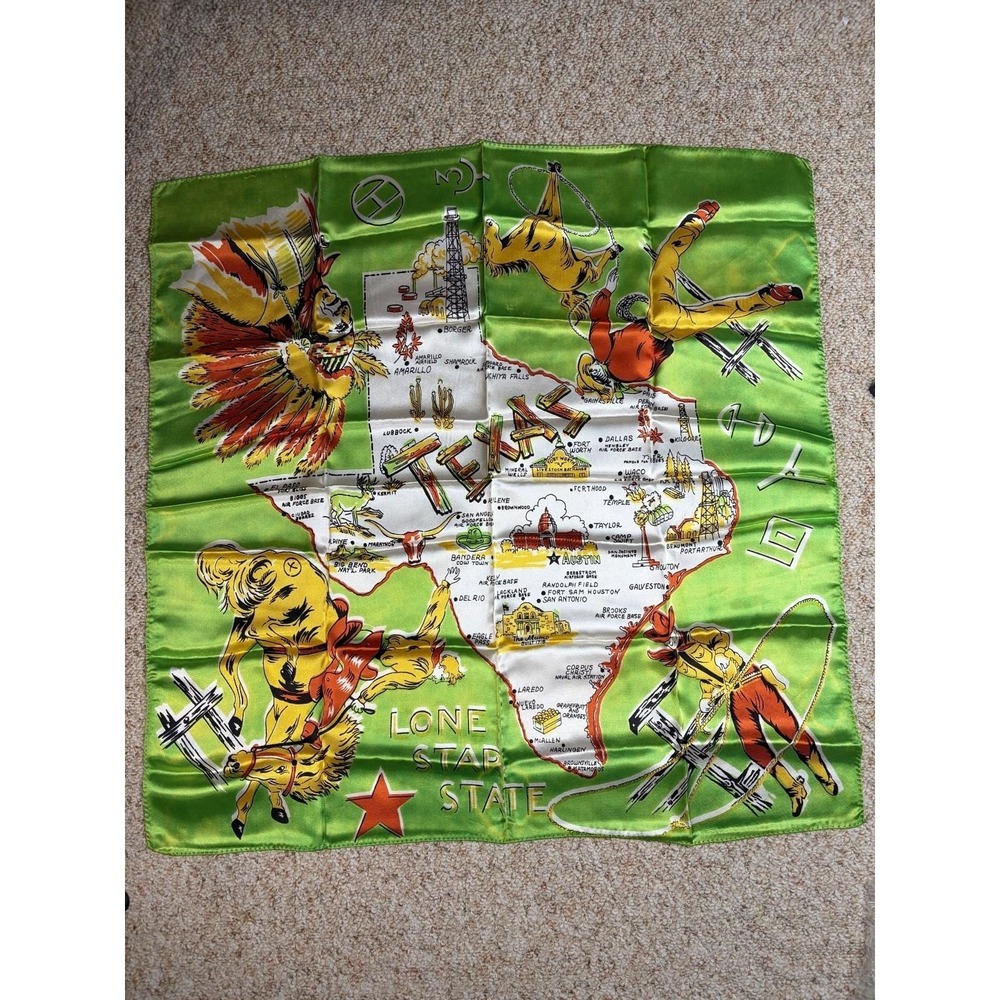 Vintage 50s Texas Western Souvenir Lone Star Map Cowboy Chief Green Satin Scarf